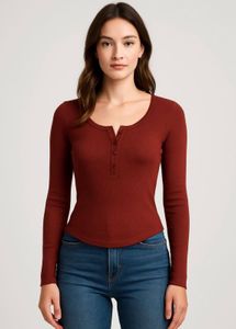 Ribbed Henley Long Sleeve Top