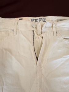 Cream Distressed Wide-Leg Jeans