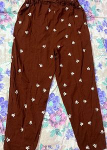 Brown Embroidered Pants with Belt
