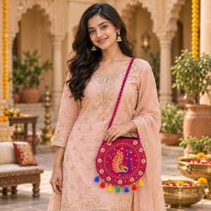 Embroidered Peacock Round Pouch