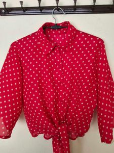 Red Polka Dot Tie-Front Blouse