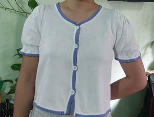 Cute White &amp; purple Puff Sleeve Blouse