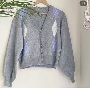 Grey Argyle Knit Cardigan