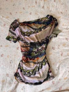 Sheer Printed Ruched one sided offshoulder top