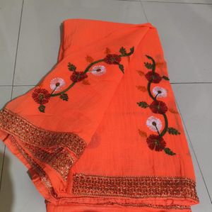 Vibrant Orange Embroidered Saree
