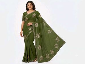 Elegant Olive Green Embroidered Saree