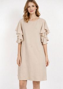 Chic Beige Ruffle Sleeve Dress