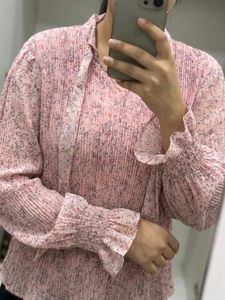 Sheer Floral Print Tie Neck top