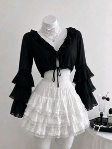 Black Ruffled Sleeve Cropped Top