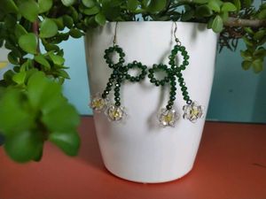 Elegant Green Beaded Bow Earrings handmade