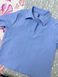 Light Blue Ribbed Polo Top