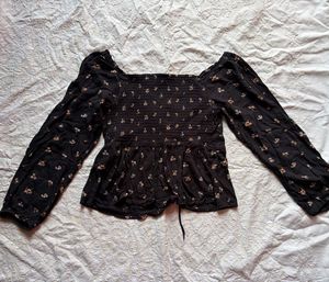 Black Floral Print Square Neck Top