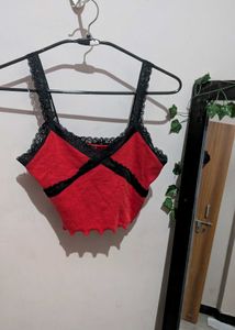 Red Lace Trim Crop Top