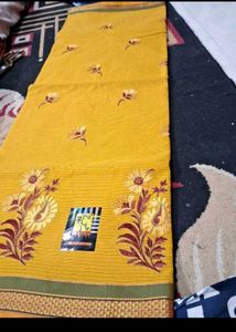 Orange Cotton Saree with Floral Embroidery