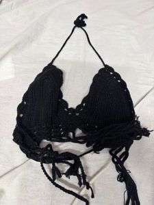 Black Crochet Halter Bikini Top