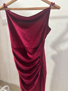 Burgundy Velvet Ruched Midi Dress