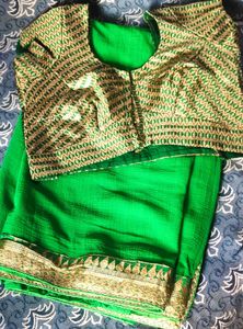 Green &amp; Gold Border Saree with Blouse