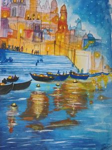 Vibrant Varanasi Ghats Watercolor Painting