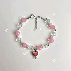 Pink Beaded Heart Charm Bracelet