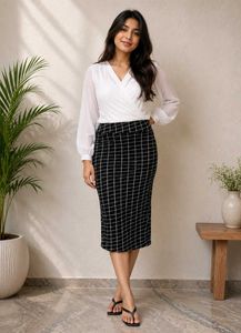 Black Checked Midi Pencil Skirt