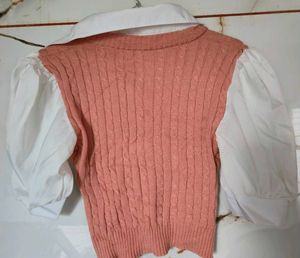 Chic Pink Knit Sweater Vest with White Shirt
