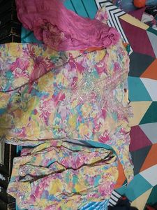 Multicolor kurta plazo set with dupatta which perf