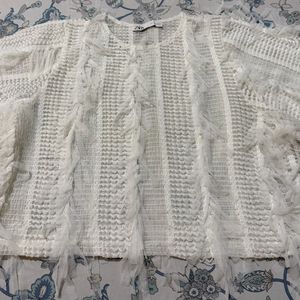 Zara White Textured Tunic with Fringe Detail
