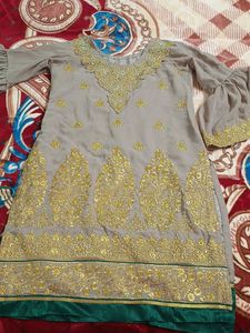Elegant Grey & Gold Kurta With Dupatta
