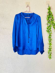 Vibrant Blue Satin Tie-Neck Blouse