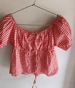 Red Gingham Puff Sleeve Top