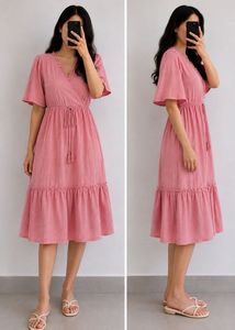 Baby Pink V Neck Cotton Dress