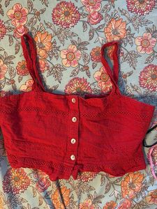 Red Eyelet Button-Front Crop Top