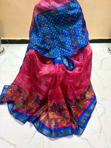 Beautiful Pink &amp; Blue Bandhani Saree