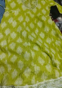 Lime Green Kurta Set with White Print