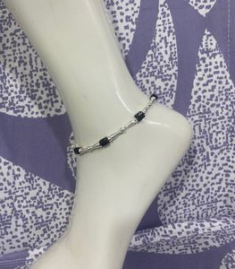 Stylish Silver & Black Beaded Anklet