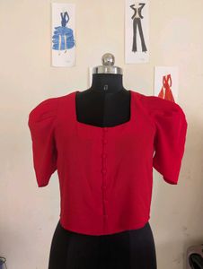Chic Red Puff Sleeve Square Neck Top