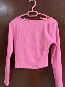 Pink Ribbed Cropped Long Sleeve Top