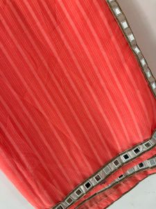 Orange Striped Saree with Mirror Work Border