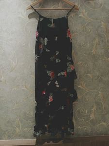 Navy Blue Floral Print Dress with Ruffles, Size-S