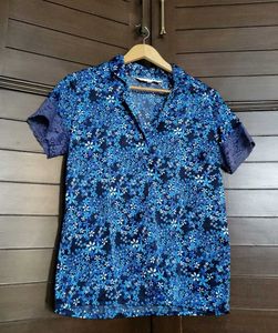 Blue Floral Print Satin Short Sleeve T-shirt