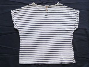 White and Navy Striped Short-Sleeve Top.