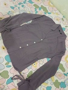 Stylish Purple Button-Up Blouse with Tie Sleeves