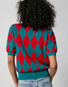 SHEIN Retro Argyle Polo Pattern Puff Sleeve Knit T