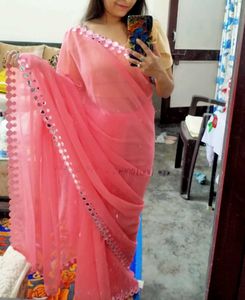 Elegant Pink Saree with Mirror Work Border