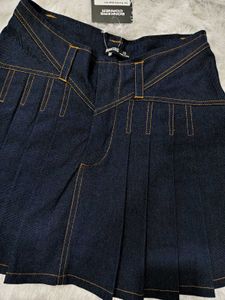 Dark Wash Pleated Denim Mini Skirt