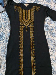 Black and gold printed straight woolen Kurta