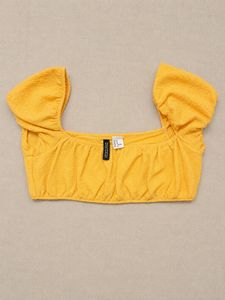Sunflower yellow textured puff-sleeve crop top