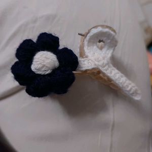 White Crochet Claw Clip with Flower Accent