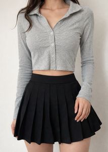 Grey Cropped Collared Button-Up Top