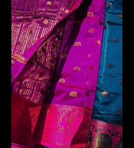 Elegant Teal &amp; Pink Banarasi Silk Saree